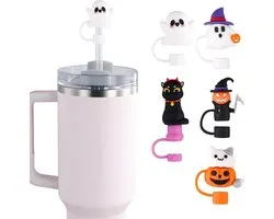 Provento - Halloween Stro Afdekkap Set van 5, 3D Schattige Siliconen Rietjes Toppers voor 10mm Rietjes, Spook en Pompoen Deksels met Rietjes voor Stanley Cup 30/40oz Tumbler