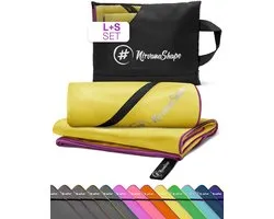 NirvanaShape - microvezel handdoek - strandlaken en badlaken - sneldrogend en absorberend - sporthanddoek met slimme hoekzak - set van 2: 140 x 70 cm + 60 x 40 cm - Geel / Paarse Rand