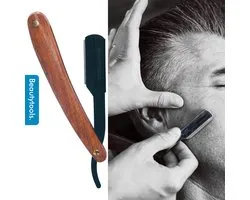 BeautyTools Easy-Shave Shavette - Set Barbiersmes/ Open Scheermes met Vervangbaar Scheermesje  - Black Beast Jatoba Hout - Incl. 10 Double Edge vervangmesjes - INOX (SR-2519)