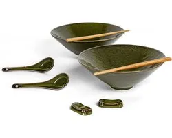 Japanese Ceramic Windows Bowl Set - 2 Pieces - 1100 ml - Pasta Soup Salad Bowls - Spoon Chopsticks Green