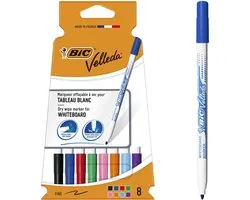 BIC Velleda 1721 Marqueurs Tableau Blanc pour Gommes à Pointe Fine Biseautée - Couleurs Assorties - Boîte Carton de 8 Pièces
