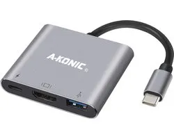 A-KONIC usb c naar hdmi adapter - 4K 30Hz - usb a en usb c opladen - 3 in 1 hub - type c to hdmi, usb 3.0 & type-c fast charging - Geschikt voor o.a. Apple Macbook - IMAC - Dell - Surface - Samsung