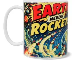 Tasse avec design de bande dessinée vintage « EARTH NEEDS ROCKETS » - Illustration de science-fiction rétro avec terre, fusées et UFO dans l'espace - Cadeau cool pour fan d'espace ou collègue - Tasse à café colorée pour le bureau