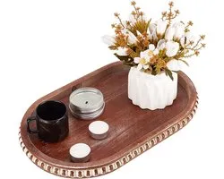 Decorative Tray - Wooden Storage Trays - Bead Oval Tray - Saddle Brown - Pepper Mill Holder - Cosmetics Jewelry Organizer - Voor Keuken - Coffee Table Accessoires