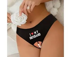 String sexy à entrejambe ouvert avec perles - String perlé sans entrejambe - I Love My Husband - Noir - Taille S
