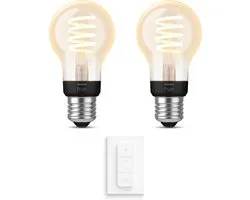 Philips Hue Uitbreidingspakket - E27 - met 2 Filament Standaard Lampen (A60) - Warmwit Licht - Incl. 1 Hue Dimmer Switch - Hue White Filament