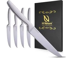 HI NATURE™ Steakmessen 4 Stuks RVS | Vleesmessen, Messenset, Keukenmessen | Steak messen set RVS Vaatwasserbestendig - 22cm - Zilver