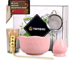 Tayomi Matcha Set van 5 – Complete Matcha Thee Set Met Klopper Whisk, Kom en Zeefje – Inclusief Recepten E-book – Sakura Roze – Cadeauverpakking