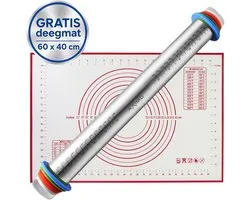 AXIMO Deegroller RVS verstelbaar met XL deegmat 60x40 cm - Fondantroller met siliconen XL bakmat - Antikleef - RVS Rolstok