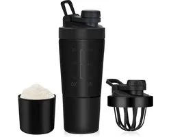 SnelShoppen - RVS Protein Shaker 700 + 200 ml met Poeder Compartment, BPA-vrij, Ideaal voor Sport en Fitness, Zwart, Dubbelwandig, Corrosiebestendig
