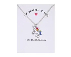Fako Bijoux® - Collier On Card - Licorne Rainbow Wit - Argenté