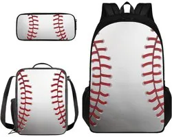 3 Piece Kids Backpack Sets Shoulder School Backpack with Insulated Lunch Box Pencil Case, White Baseball, Backpack Backpacks