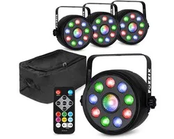 Fuzzix set van 4 PLF15 Party LED parren in flightbag - 9x 2W RGB LED’s en 6W centrale LED - Met DMX
