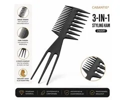 Cabantis® Kapper Kam 3-in-1 – Brede Stylingkam – Anti-Klit – Krullen, Afro & Alle Haartypes – Professioneel & Thuis - Zwart