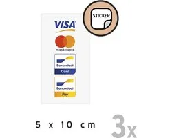 Pictogram/ stickers (klein) (3x) | 5 x 10 cm | Betaalmogelijkheden 2026 | Visa/ Mastercard/ Bancontact Card/ Bancontact Pay | Betalen | Retail | Kredietkaart | Creditcard | 3 stuks