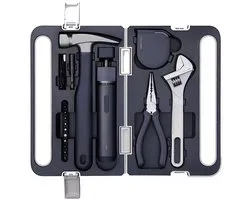 HOTO 3.6V Cordless Electric Screwdriver Tool Set – 5-in-1 doe-het-zelfset – LED-lamp, 3 koppelstanden, 10 bits, draadloze elektrische schroevendraaier, hamer, tang, verstelbare moersleutel en meetlint – Compacte opbergkoffer