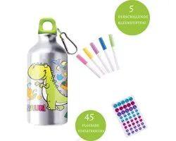 Kiddel Dinosaurus DIY Waterfles Kind – Inkleurbare Drinkfles met Stiften & Stickers – Creatieve BPA-vrije RVS Fles – Herbruikbaar Knutselcadeau voor Jongens & Meisjes vanaf 3 Jaar
