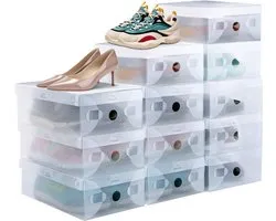 PERFETSELL Pack of 12 Transparent Shoe Boxes Plastic Shoe Storage Box Stackable Storage Box Shoes Plastic Shoe Organiser Shoe Box 27.6 x 18.5 x 9.5 cm for Shoes
