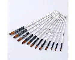 12-Piece White-Handle Flat-Tip Watercolor Brush Set – Dual-Color Nylon Bristle Acrylic Brushes – Ideal for Students, DIY, and Art Painting