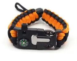 Prepper Basis - Survival Armband - Verstelbaar - Vuursteen - Magnesiumstaaf - Noodfluit - Kompas - Paracord - Armband - Noodpakket - 72-uurspakket - Nooduitrusting - Outdoor - Kamperen - Preppen - Scouting - Oorlog - Noodsituatie - Oranje - Zwart