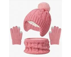 Sjtoer® - 3 Delig Winter Set - Roze - Gevoerd - Kinder Winter Muts - Col - Handschoenen - Warme gebreide wintermuts - kinder winterset - Touchscreen handschoen - Sjaal - Winteraccessoires voor meisjes jongens - 3-8 jaar oud - skiën