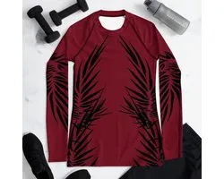 Rashguard – design Power Up - Dry Fit - High Performance - 4way stretch - unieke print - UPF 50+ - Hardloop - Yoga - Fitness - Dans  - Pilates - Training – Shirt Long Sleeve – dames - warmrood zwart - maat XL