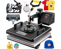 Presse à Chaleur VEVOR 5-en-1 -38 x 38 cm- Presse à Transfert Rotative à 360° -Presse à Chaleur 1400 W - avec écran LCD - pour Casquettes, T-shirts, Tasses, Assiettes- Zwart