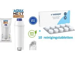 Agua Next CaffeeMax waterfilter vervanging voor Delonghi koffiemachine, 1 st. + extra Tabletten voor het reinigen en ontvetten van de koffiemachine - 10 x 2g - universele reinigingstabletten