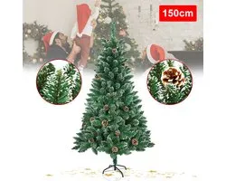 Sapin de Noël artificiel vert 150 cm - Forme sapin - Sapin de Noël en PVC - Avec support - Effet neige et pommes de pin - Assemblage par sections - Décoration de Noël