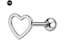 Helix Piercing - met Open Hartje – Zilverkleurige - Tragus Piercing – 1.2 x 6 mm – 316L Chirurgisch Staal - Hart - Oorpiercing voor Kraakbeen