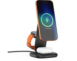 Satechi 3-in-1 inklapbaar Qi2.2 draadloze oplaad stand – 25W Snelladen – Geïntegreerde opladers voor AirPods en Apple Watch – Compact en opvouwbaar ontwerp voor gemak - Zwart