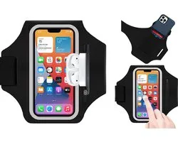 Pearlycase sportarmband hoes Geschikt voor Google Pixel 6/ 6A/ 6 Pro/ 7/ 7A/ 7 Pro/ 8a/ 9a/ 10a/ 10 pro - sport armband - hardloop telefoonhouder - ruimte voor pasjes/ airpodcase/ sleutel - 4.7 t/m 6.9 inch - zwart