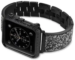 Bracelet de montre de Luxe FFO2World - Zwart - Compatible avec Apple Watch 38/40/41/42 mm (Série 10) - Design inspiré de Swarovski avec cristaux scintillants et bracelet à maillons métalliques incurvés - Compatible avec SE, Série 10 à 1