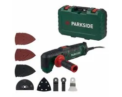 PARKSIDE® Multifunctioneel gereedschap 310 W - Multitool geschikt voor talloze toepassingen zoals zagen, slijpen, schaven en schuren - Inclusief 18x schuurbladen, schaafmes, 2x zaagbladen, 1x segmentzaagblad, deltaschuurplaat, stofafzuigkanaal