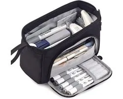 ACROPAQ Grande trousse noire - Peut contenir jusqu'à 50 crayons, 5 poches intérieures, fermeture éclair en acier inoxydable, trousse esthétique - Trousse à crayons en rouleau, trousse à crayons grande capacité