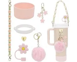 Accessoires de décoration pour gobelets d'eau, adaptés à la tasse Stanley 40oz, comprenant : 1 poignée, 1 paille, 1 pendentif en peluche, 1 pendentif, 1 couvercle de fond en silicone pour le gobelet d'eau et 1 anneau en silicone, rose clair