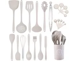 MODFU Compact 24-delig Silicone Keukengerei Set – Praktische Basis-set met Spatels, Lepels en Garde – Hittebestendig & Krasvrij – BPA-vrij Veilig Koken en Bakken – Khaki