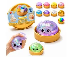 Daity 2 stuk – Dumpling-speelgoed, glitter-dumpling-fidget-squishies, rekbare knijpballen voor kinderen en volwassenen, sensorische stressballen ter verlichting van angst, inclusief stoommandje – ideaal als feestcadeautje (willekeurige kleuren)