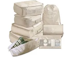 Belle Vous (8 Pack) Cream Travel Packing Cubes - Multifunctional Packing Cubes for Suitcase - Compression Waterproof Storage Bags for Clothes, Toiletries & Other Travel Essentials