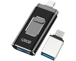 128GB USB-stick geschikt voor iPhone, MFi-gecertificeerde Lightning-geheugenstick, 4-in-1 stickgeschikt voor mobiele telefoon – Geschikt voor iOS/Android/PC, USB 3.0 plug-and-play voor het back-up maken van foto’s