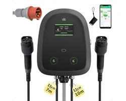 la Dual-Cable - Wallbox Borne de Recharge 22kW - 2×11kW - Triphasé (2×32A) - avec Deux Prises Type 2 - Recharge Simultanée de Deux Voitures - avec App et RFID pour BEV/PHEV