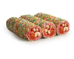Fancy Granaatappel Abrikoos Hazelnoot wrap Turks fruit ( Handgemaakt ) 250 g - Suslu Narli Kayisili Findikli Sarma lokum Turk lokumu ( El Yspimi ) - Fancy Pomegranate Apricot Hazelnut wrap Turkish delight (Handmade)