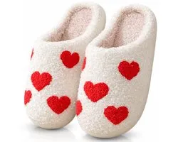 Twenty4seven® Pantoffels met Hartjesdesign - Sloffen Dames Wit - Maat 39/40 - Warme Huisschoenen & Kerstsloffen - Cadeau voor Valentijnsdag