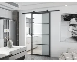 Porte coulissante en acier Barnwoodweb avec Glas transparent à 4 sections - 100x215 cm - Design industriel - Cadre Zwart