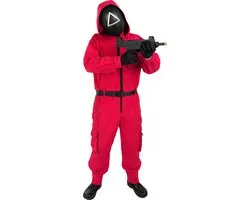 Funidelia | Costume et masque de Squid Game avec triangle Netflix officiel pour femmes et hommes, Il gioco del calamaro - Déguisement pour Adultes Accessoires costumes et accessoires pour Halloween, carnaval et fêtes - Taille L - XL - Rouge