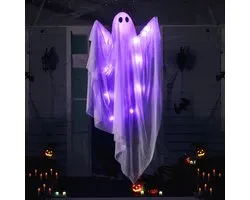 Daity Halloween verlichte hangende spookslinger - 119 cm witte spook - met warmwitte LED-verlichting - Geschikt voor voortuinen, terrassen, gazons, tuinen en feestdecoraties; kan zowel binnen als buiten worden gebruikt.
