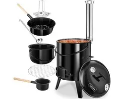 tectake® Four à charbon 5 en 1 - 17L - Marmite - Chaudière à goulasch avec couvercle - Poêle à frire - Four à mijotage - Marmite à soupe - Cuisine roulante - Camping - Avec thermomètre et arrivée d'air - Revêtement émaillé