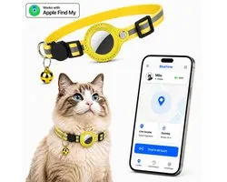 BlueTime - Collier pour chat avec médaille - Tag Cat Collar Pro - Sûr, léger, réfléchissant et confortable - Anti-rayures et résistant à l'eau - Compatible avec Apple Find My - Jaune