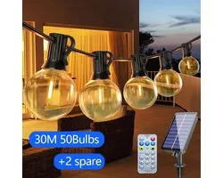 Solar-buitenverlichting (snoer), 30 meter (100 ft) waterdichte terrasverlichting met afstandsbediening, 50 LED-lampjes, 8 lichtstanden, voor tuin en buiten