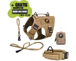 Deal combinée Always Prepared® Pro - Harnais + Collier + Riem + Sac de rangement - Pack complet - Set anti- Trek pour Chiens de taille moyenne et grande - Kaki - Taille L